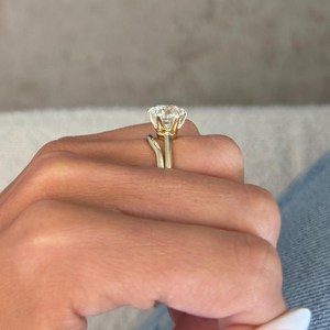 3 Carat Round Cut Lab Grown Diamond Engagement <b>Ring</b> Set Solitaire <b>Ring</b> and <b>Plain</b> Wedding Band 14k Yellow Gold IGI Certified - Product Image 3