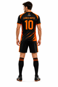 Custom Sublimated Soccer Football Uniform Set with Jersey Shorts and <b>Socks</b> Black Orange V Neck Team Sportswear with Player Name - Product Image 4