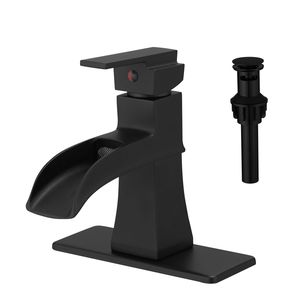 Rubinetto per lavabo a cascata nero a 1 foro con maniglia singola, scarico a scomparsa, tubi di alimentazione e piastra di montaggio - Categoria Prodotti: Rubinetti Bagno - Product Image 1