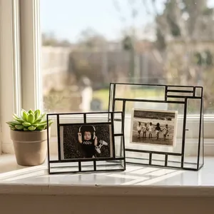 Support de table rectangulaire géométrique en fer noir/verre, design artisanal, durable, décoratif, décoration d'intérieur, cadre photo - Product Image 1