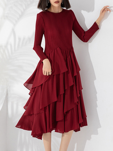 New Design Cake <b>Dress</b> Fold Solid Color Women Casual Lace <b>Dress</b> Plus Size <b>Elastic</b> Waistband Evening <b>Dress</b> - Product Image 3