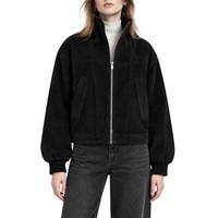 Blouson bomber en daim noir personnalisé pour femme, col montant, fermeture éclair, vêtement d'extérieur décontracté avec poche pour l'automne et l'hiver