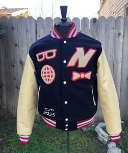 Custom Embroidered Varsity Jacket Unisex Preppy Style Stand Collar PU Leather Sleeve Letter N Glasses Globe Bow <b>Tie</b> Winter Wear - Product Image 1