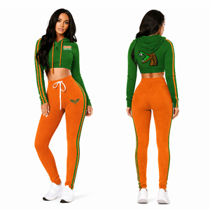 ชุดวอร์มสีเขียวส้มสำหรับผู้หญิงมหาวิทยาลัย A&M แบบกำหนดเอง เสื้อครอปฮู้ดดี้และกางเกงจ็อกเกอร์เอวสูง สไตล์วิทยาลัย ชุดกีฬาแนวสตรีทแวร์ - Product Image 1
