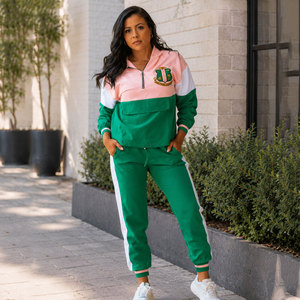 <b>Women's</b> Color Blocked Tracksuit Set Green Pink <b>White</b> Sporty Full Sleeve Knitted Polyester Cotton 2 Piece Regular Fit All Seasons - Product Image 1
