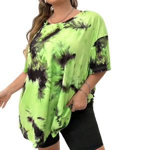 T-shirt oversize tie-dye pour femme, manches courtes, col rond, coupe ample, respirant, tricoté, pour le printemps et l'été, vêtement décontracté - Product Image 1