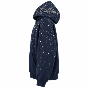 Custom Rhinestone Hooded Sweatshirt Unisex Oversized <b>Fleece</b> Casual Autumn <b>Navy</b> Blue Front Logo Eco-friendly 100% Cotton 400g - Product Image 5