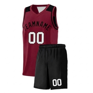 Ensemble de maillot de basket bordeaux pour homme, col en V, sans manches, short à taille élastique, imprimé numérique, nom de l'équipe, 100 % polyester, séchage rapide - Product Image 1