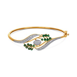 Elegant Women's 18K Yellow Gold <b>Bangle</b> <b>Bracelet</b> with Flowing Leaf-Inspired Design Lab Grown Diamond Pav Rich Green Color 11.2g - Product Image 1
