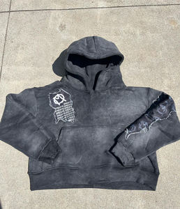 Sweat à capuche noir délavé coupe classique, effet vieilli, en molleton de coton épais 400g, écologique, respirant, style streetwear - Product Image 1