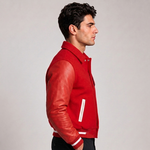 <b>Men's</b> <b>Red</b> Varsity <b>Jacket</b> Woolen Body PU <b>Leather</b> Sleeves Embroidered D Letter Front Button Closure Preppy Style Autumn Wear - Product Image 3