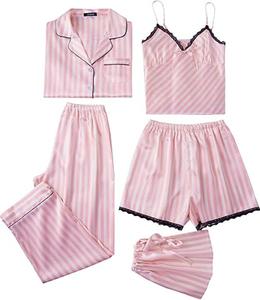 ชุดนอนผ้าซาตินไหมเนื้อนุ่มคุณภาพสูง น้ำหนักเบา ทรงคลาสสิก สวมใส่สบาย ลายทางสีสันตามสั่ง ชุด 5 ชิ้น สำหรับผู้หญิง - Product Image 1