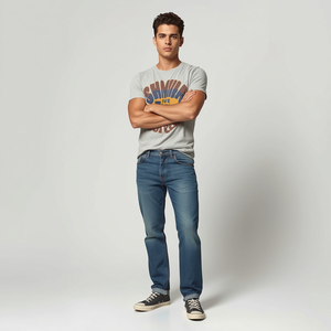 ชุดเสื้อยืดและกางเกงยีนส์สไตล์วินเทจสำหรับผู้ชาย ผ้าฝ้ายซักแล้ว ชุดลำลองสองชิ้น พร้อมบริการปรับแต่งแบบ OEM ODM - Product Image 6