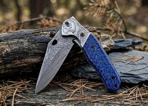 Couteau pliant EDC en acier Damas avec manche nid d'abeille, clip de poche et étui en cuir, couteaux à bolster gravés au laser - Product Image 3