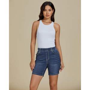 2025 <b>Women's</b> Trendy Straight Jean <b>Shorts</b> Summer Casual Long Stretch Denim Pull-On Mid Rise Elastic Waist Walking <b>Shorts</b> - Product Image 6