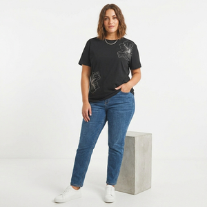 T-shirts pour femmes en jersey 100% coton pur, noirs, brodés et ornés de perles, à manches courtes, séchage rapide, vente en gros - Product Image 6