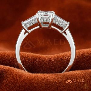 925 Sterling <b>Silver</b> <b>Emerald</b> Cut Moissanite/Diamond Engagement <b>Ring</b> for Women, Three Stone <b>Ring</b> with Tapered Baguette Side - Product Image 3