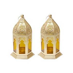 <b>Set</b> Of 2 Vintage Moroccan Style Metal Hanging & Tabletop Candle <b>Lanterns</b> With Amber Stained Glass Indoor & Outdoor Candle Holder - Product Image 6
