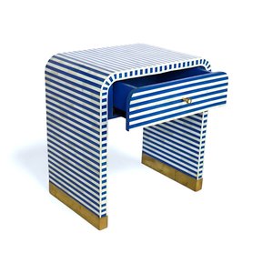 Modern Blue Bone Inlay Square Side Wardrobe and Table With Striped Design And Brass Feet Lacquer Finish Furniture For Living - Product Image 3