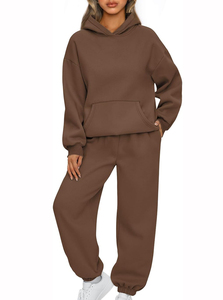 Survêtement marron à capuche pour femmes, coupe ample, couleur unie, sweat-shirt et pantalon décontractés, ensemble pour l'automne - Product Image 5