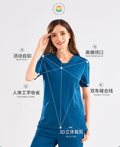 Women Blue V-Neck <b>Scrub</b> <b>Tops</b> With Pockets Cotton Polyester Woven Hospital Uniforms - Product Image 4