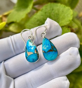 Boucles d'oreilles pendantes en cuivre naturel et turquoise, en argent sterling 925, faites à la main, bijoux fantaisie avec pierres précieuses, cadeau - Product Image 2