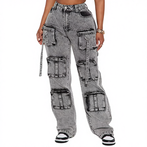 OEM Fashion High Waisted <b>Cargo</b> Boyfriend Jeans Straight Wide Leg Casual <b>Pants</b> - Product Image 5