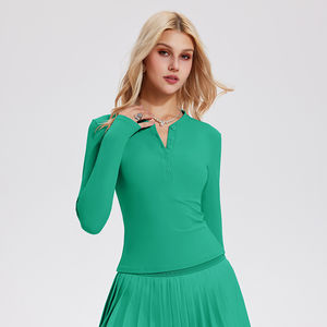 Chemises pour femmes à coupe ajustée, douces, respirantes, à col en V profond, à manches longues, de couleur unie, pour un usage décontracté, avec impression de logo personnalisée - Product Image 4