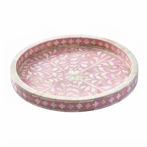 Plateau de service rond artisanal haut de gamme en os incrusté rose, motif floral de luxe, plateau décoratif pour ottoman, table basse ou coiffeuse - Product Image 1