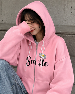 เสื้อฮู้ดซิปสีชมพูสำหรับผู้หญิง ทรงโอเวอร์ไซส์ ลายยิ้มด้านหน้า สไตล์ลำลอง ผ้าฟลีซ ยูนิเซ็กส์ สำหรับฤดูหนาว รับผลิตแบบ OEM น้ำหนัก 370 กรัม ผ้าฝ้าย 100% - Product Image 5