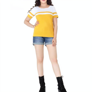 Camiseta de Algodón para Mujer, Cuello Redondo, Manga Corta, Bloques de Color Amarillo y Blanco, Estilo Casual de Verano, Corte Regular, Transpirable, Tejido de Punto - Product Image 4
