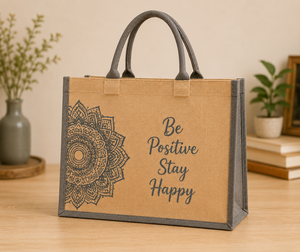 Bolso Tote Grande de Yute Estilo Boho con Estampado Mandala 'Be Positive Stay Happy', para Compras Diarias, con Asa Larga - Product Image 4