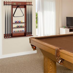 Portastecche da Biliardo da Parete in Legno di Pino Marrone Resistente, Contiene 8 Stecche, 16 Biglie, 5 Scomparti, Scatola Porta Aste in Pelle PU Inclusa - Product Image 5
