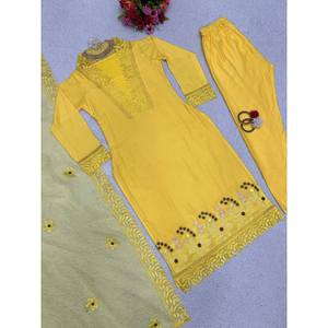 ด้ายมัสลินแฟนซีทำงานด้านบนด้านล่างมีสีเหลือง dupatta - Product Image 5