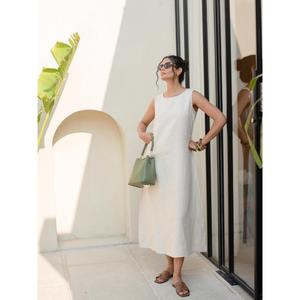 Women Linen Cotton Neutral Beige <b>Boho</b> <b>Dress</b> Sleeveless Casual Loose Fit <b>Summer</b> Midi <b>Dress</b> - Product Image 3