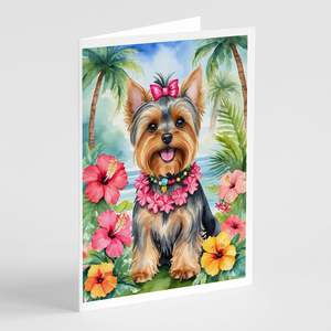 Yorkshire Terrier Luau Whimsical A7 Tarjetas de felicitación Paquete de 8 tarjetas de nota en blanco con sobres Tamaño 5x7 - Product Image 1