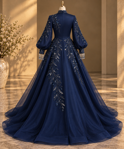 Robe de soirée bleu nuit à col montant et manches classiques, ornée de cristaux et de pompons, en satin moderne, idéale pour les événements formels - Product Image 3