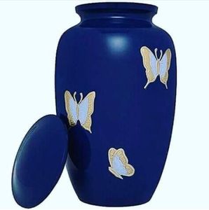 Urna Funeraria Azul con Mariposas Doradas, Tamaño Adulto, para Exhibición en el Hogar o el Cementerio, Urna Artesanal India de Tamaño Adulto - Product Image 1