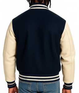 Blouson universitaire bleu marine pour homme avec manches en cuir PU, coupe classique, col montant, fermeture boutonnée, pour l'hiver, style décontracté, logo frontal - Product Image 2