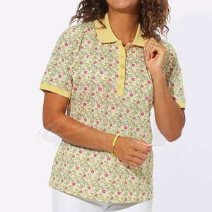 Polo pour femme à imprimé floral, coupe classique, respirant, manches courtes, jaune rose, décontracté, tissé, 100% coton - Product Image 1