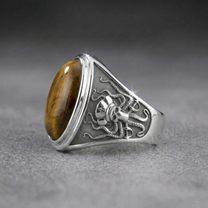 Men's 925 Sterling <b>Silver</b> Tiger Eye Gemstone 12x16mm Oval Shape Bezel Setting Skull Engraved Signet Ring Everyday Wear For Boys - Product Image 2