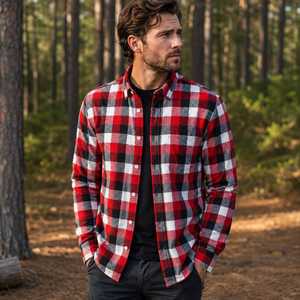 Camisa de Franela a Cuadros de Manga Larga para Hombre, Corte Regular, Diseño a Cuadros, Rojo, Negro, Blanco, Tejido de Sarga - Product Image 3