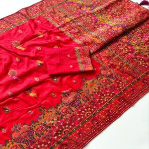 VASTRA COTTAGE Sari de Seda Pura Rajwadi Pashmina con Pallu de Hilo Cachemir, Borde Pesado y Borlas, con Pieza de Blusa - Product Image 4