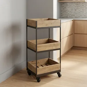 Mango Wood Durable 3 Tier <b>Storage</b> <b>Cart</b> with Wheels Space Saving Organizer for Kitchen Living Room Bathroom Outdoor & Hotel Use - Product Image 2