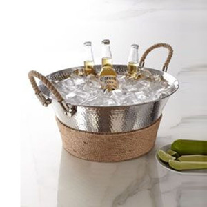 Premium Hammered Stainless Steel Round <b>Ice</b> Bucket With Rope Handles Natural Jute Wrap Elegant Beer Beverage Tub For Wedding - Product Image 6