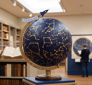 Globe terrestre décoratif nautique de luxe en or rose métallisé et bleu marine pour bureau de direction, bibliothèque et salon - Product Image 3