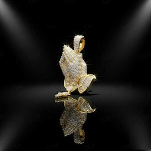 Iced Out Moissanite Praying Hands Cross Pendant Hip Hop Custom Charm Available in Silver Gold 10K 14K Gold Statement Jewelry - Product Image 4