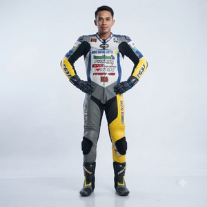 Combinaison de course premium Ramaha pour homme, 1 pièce, en cuir de vache véritable/cuir de kangourou, style MotoCP, combinaison de course sur circuit, niveau de protection 2 - Product Image 1