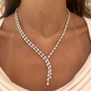 Diamond Lariat Necklaces 14K 18K Solid Gold Pear Cut Lab Grown <b>Box</b> Clasp Luxury Y <b>Drops</b> Minimalist Bridal Statement Fine Jewelry - Product Image 6
