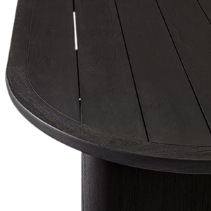 Table de repas d'extérieur minimaliste contemporaine en teck massif, surface ovale arrondie, design robuste à double colonne pour usage en terrasse - Product Image 4